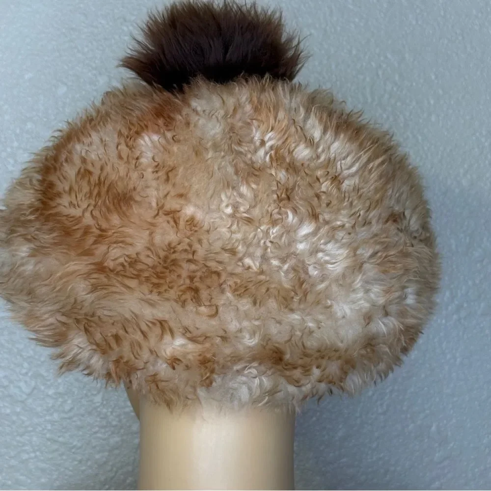 Vintage Original Tuscan Lamb Fur Hat Beanie Cream Brown Made In Italy